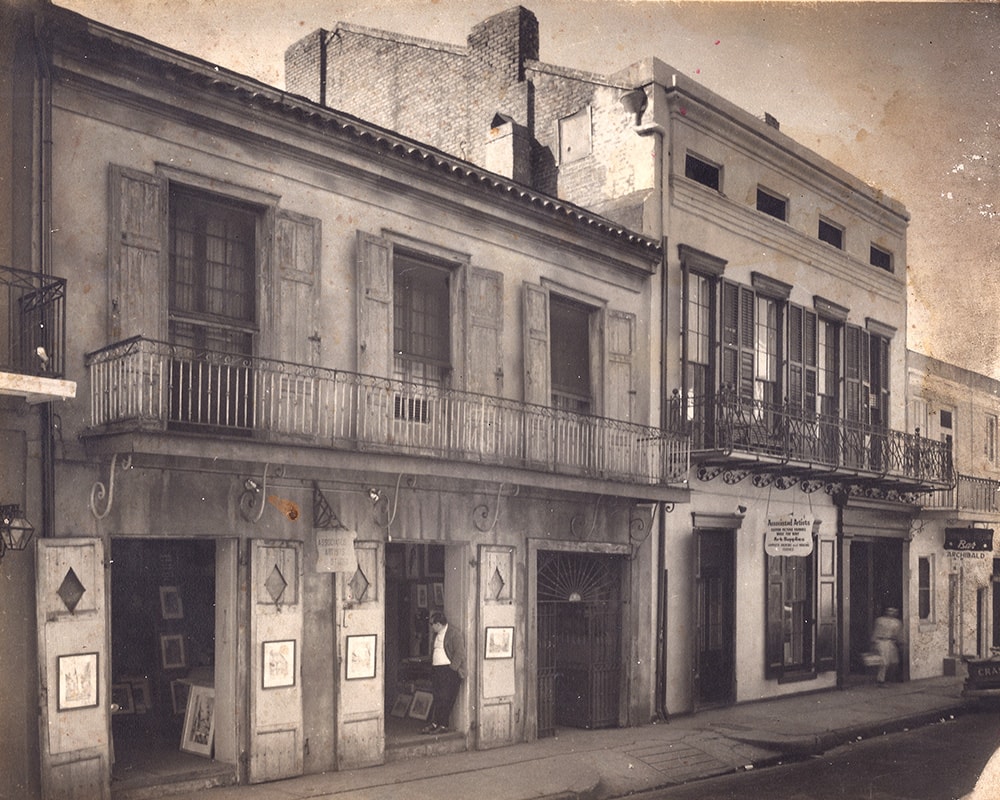 Larry Borenstein at Associated Artists Gallery circa 1960, the building which would soon become Preservation Hall (726 St. Peter Street, French Quarter of New Orleans)